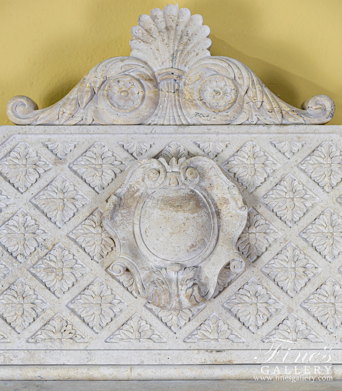 Marble Fireplaces  - Lion Themed Mantel With Overmantel In Light Travertine - MFP-1734